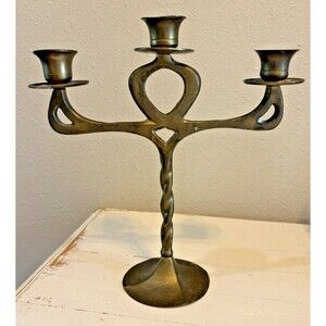 Twisted Solid Brass Three Arm Candelabra Candlestick Holder Used